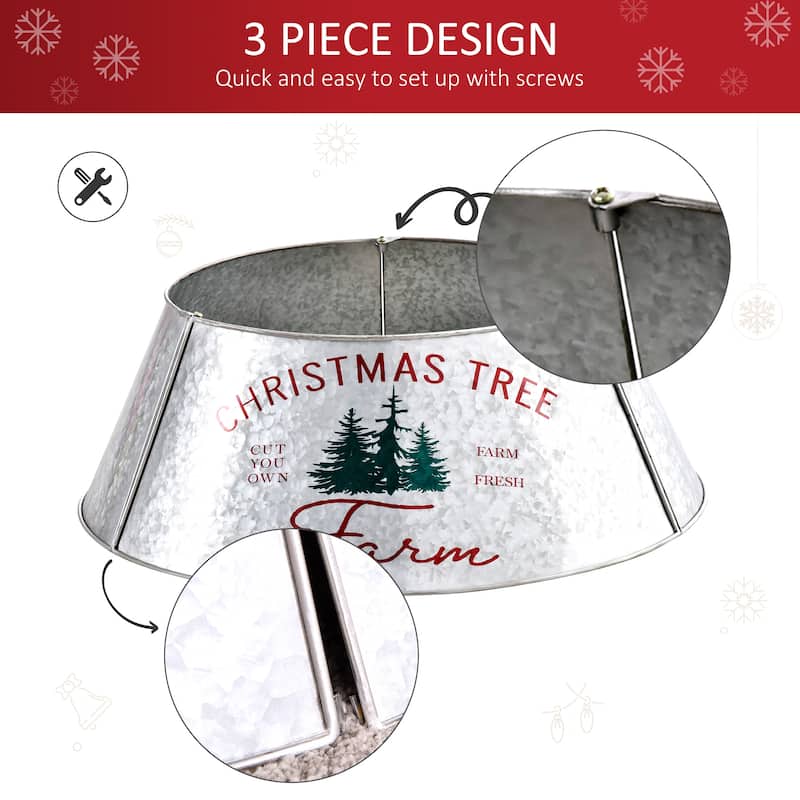 26" Silver Christmas Tree Collar with Festive Red and Green Pattern and Easy Setup - 26" x 9" H