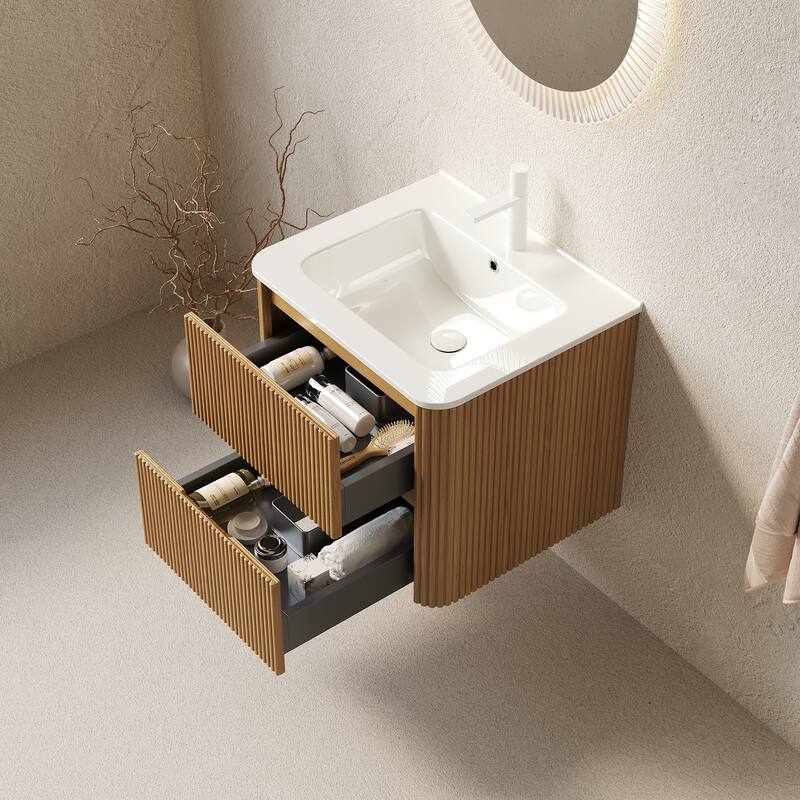 Wall-Mounted Bathroom Vanity in Walnut with Integrated White Ceramic Sink