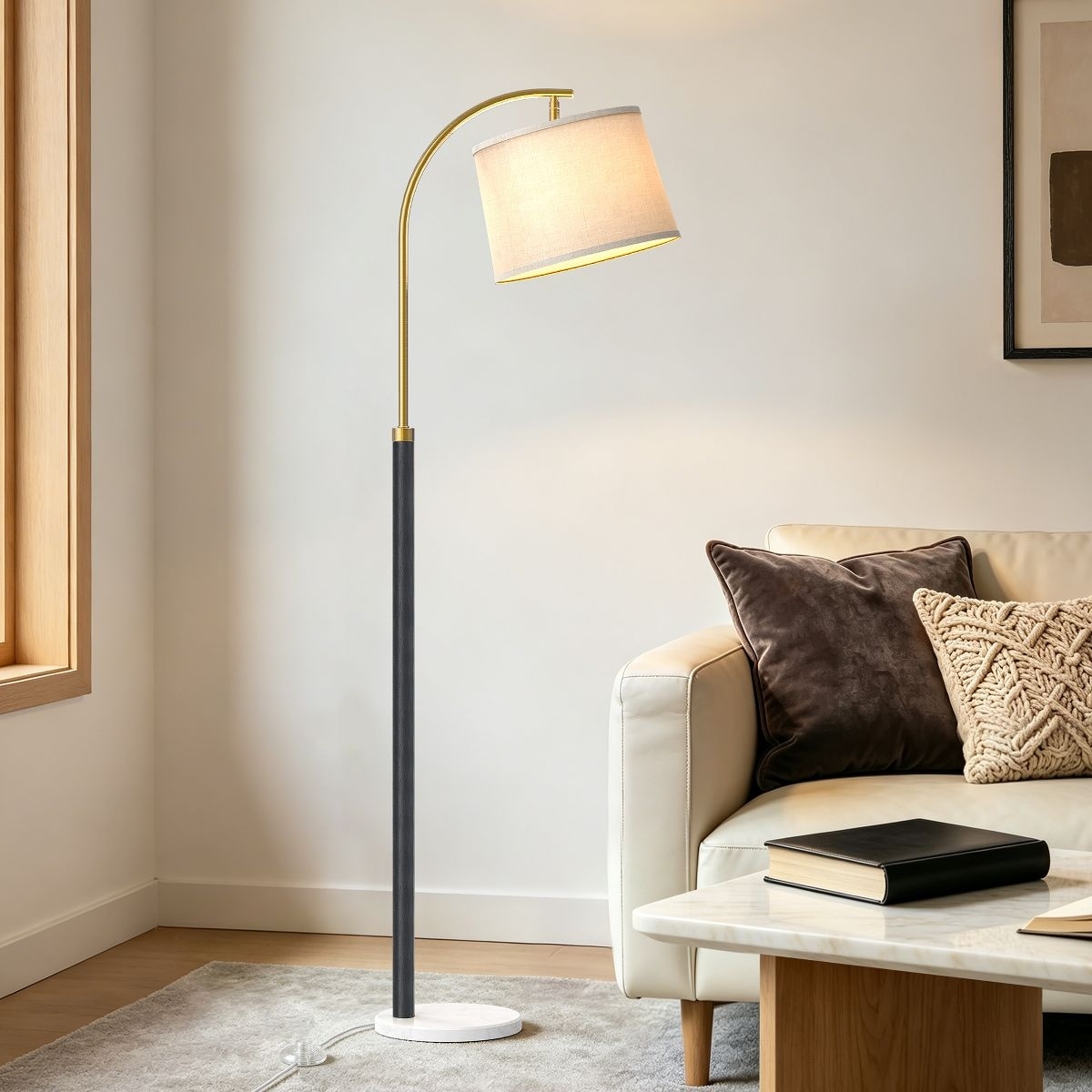 Maxax 63" Solid Wood Arched Floor Lamp with Oatmeal Fabric Linen Shade
