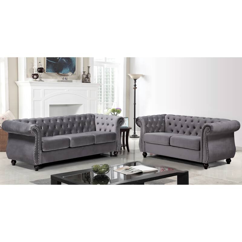 Kemos Velvet Chesterfield 2-piece Living Room Set - Grey