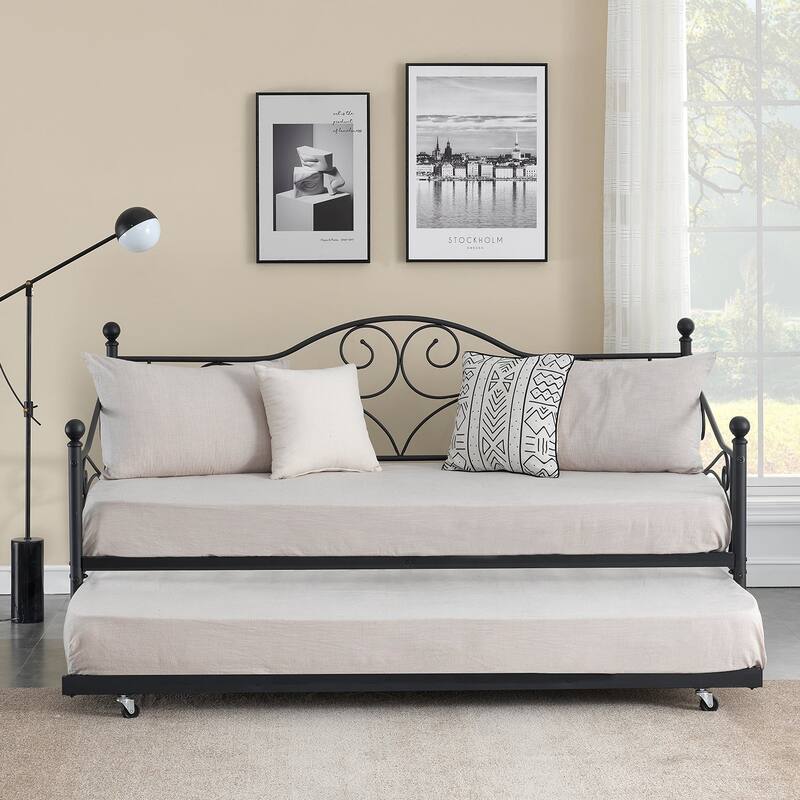 VECELO Daybed with Trundle Set Twin Size Space Saving Bed Frame Easy Assembly No Box Spring Needed - Daybed Trundle - Black