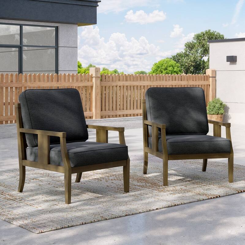 2 Set Outdoor Patio Club Chair with Cushion Patio Arm Lounge Chair - Dark Grey/Brown Wood