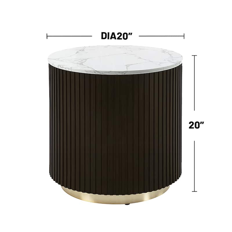Round End Table with Faux Marble Top in White and Espresso