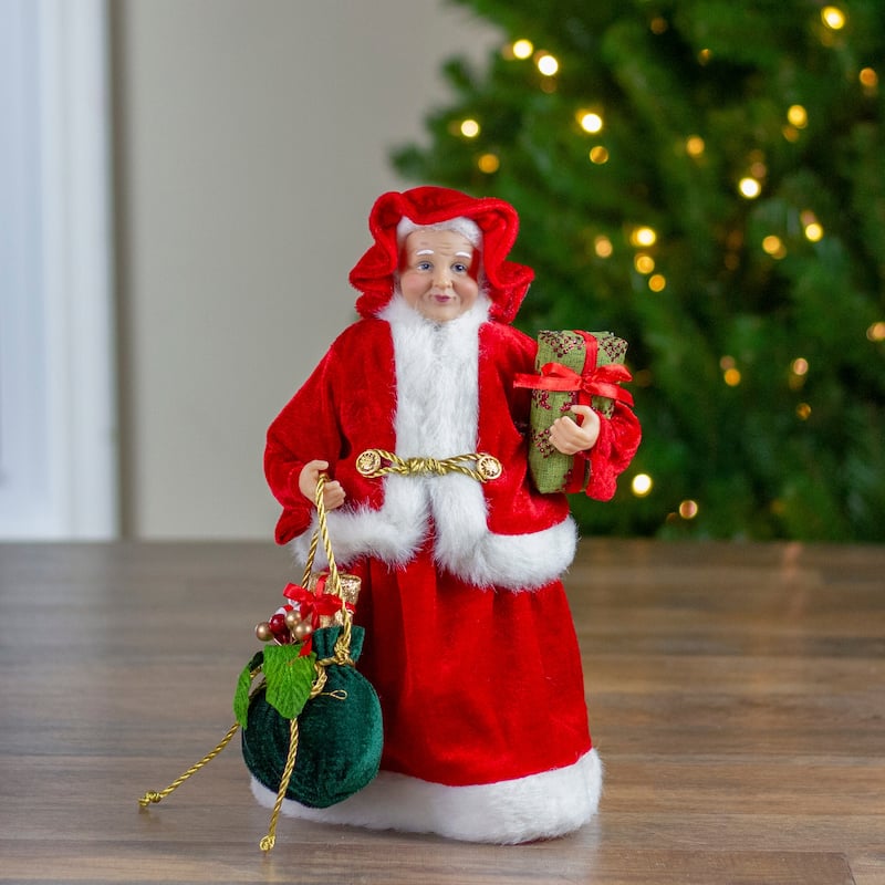 12" Mrs Claus with Present and Gift Bag Christmas Figure.