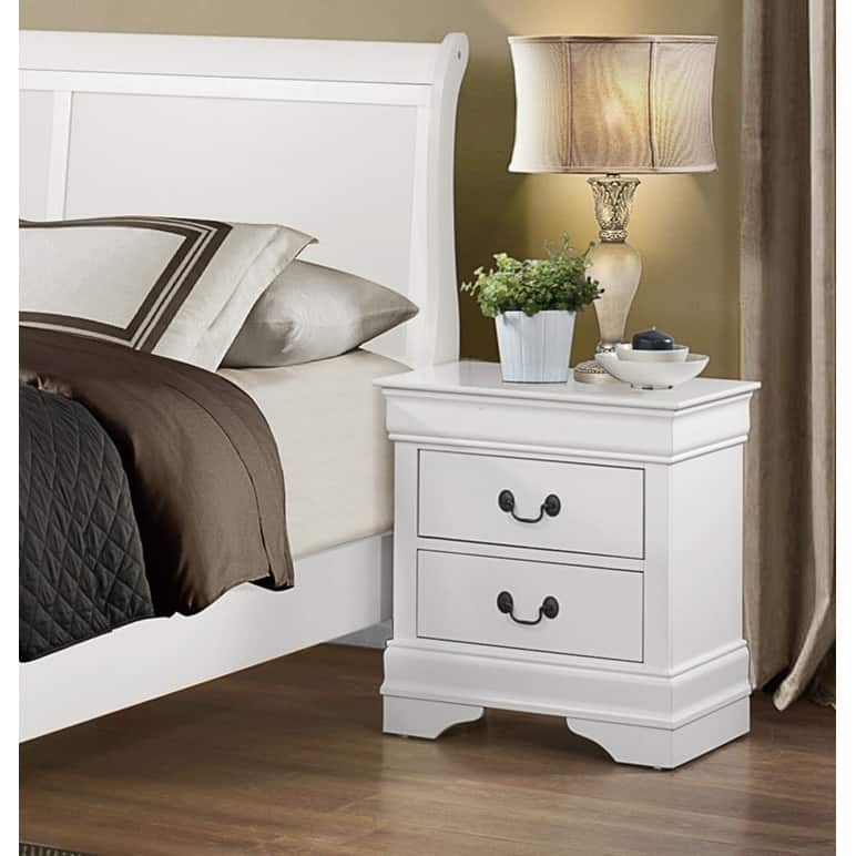 Traditional Wooden Nightstand, Bedside Decorative Table with Antique Nickle Handles Drawers, Side Table with Wooden Countertops - White