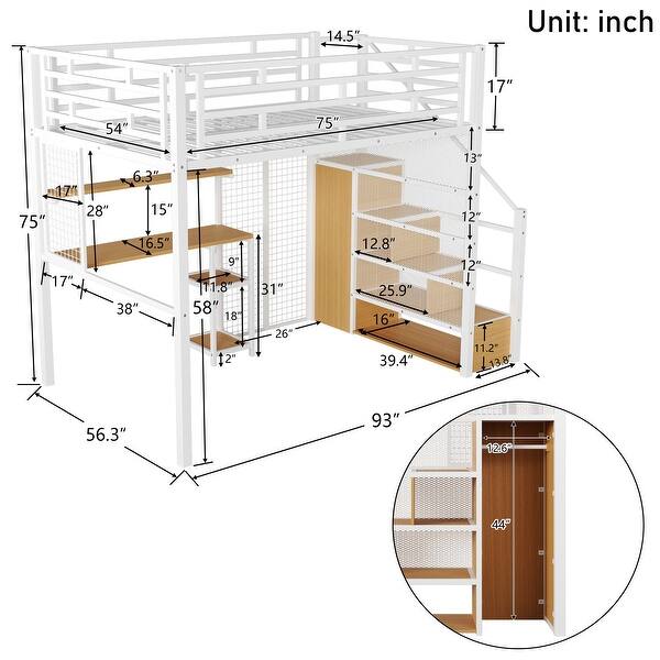 dimension image slide 1 of 2, Full Size Metal Loft Bed with Wardrobe, Built-in Wood Tabletop Desk, Storage Shelves and Storage Stairs for Bedroom