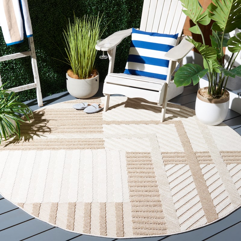 SAFAVIEH Global Hudaye Indoor /Outdoor Modern Rug - 5'3" Round - Beige/Light Beige