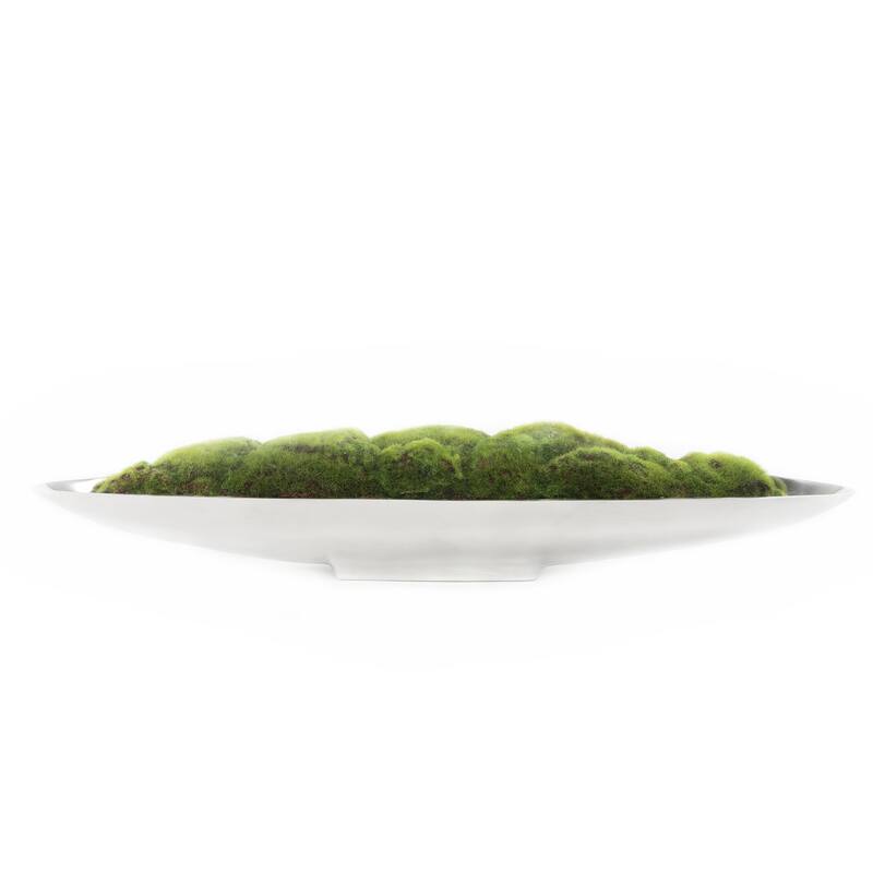 Faux Green Grass Moss Arrangement in Small Metal Boat Tray