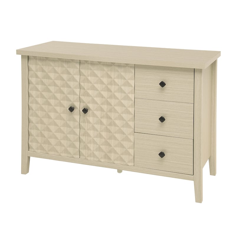 Buffet Cabinet with 2 Embossed Doors, Kitchen Wooden Storage Cabinet, Accent Cabinet with 3 Drawers & Adjustable Shelves