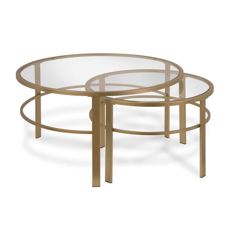 Set of 2 Round Nesting Coffee Tables with Clear Glass Top and Steel Base Modern Living Room Accent - 36"L x 36"W x 18"H - Gold-Clear