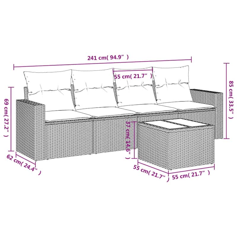 vidaXL Patio Sofa Set with Cushions Outdoor Conversation Furniture Poly Rattan - 25.8" x 24.4" x 27.2"