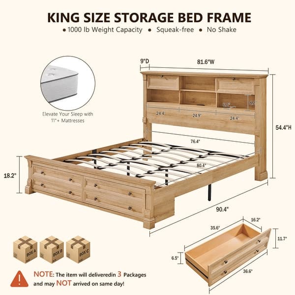 dimension image slide 1 of 10, Farmhouse Bed Frame with 54" Tall Storage Bookcase Headboard