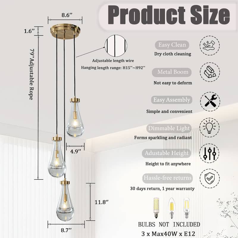 3-Light 9" Farmhouse Raindrop Glass Antique Brass Chandelier Rustic Teardrop Cluster Pendant Light for Kitchen Island - W9''