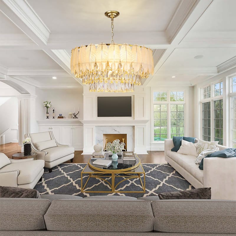 Modern Luxury Crystal Chandeliers, Adjustable Round Feather Crystal Pendant Light for Living Room, Bulbs Included