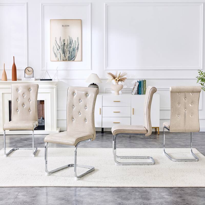 Set of 4, Retro Faux Alligator Skin Upholstered Dining Chairs, with Crystal Buckle Design and Faux Leather Design