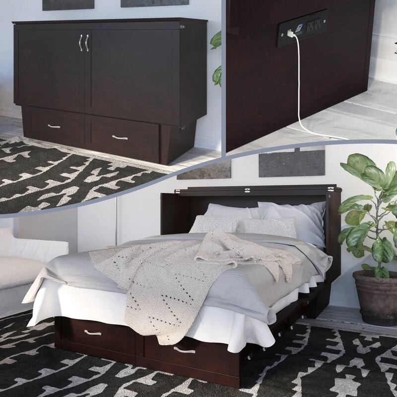 Murphy Bed Chest with Mattress & Charger - Space Saving Furniture, Espresso Finish, Queen Size