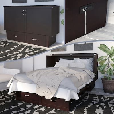 Murphy Bed Chest with Mattress & Charger - Space Saving Furniture, Espresso Finish, Queen Size