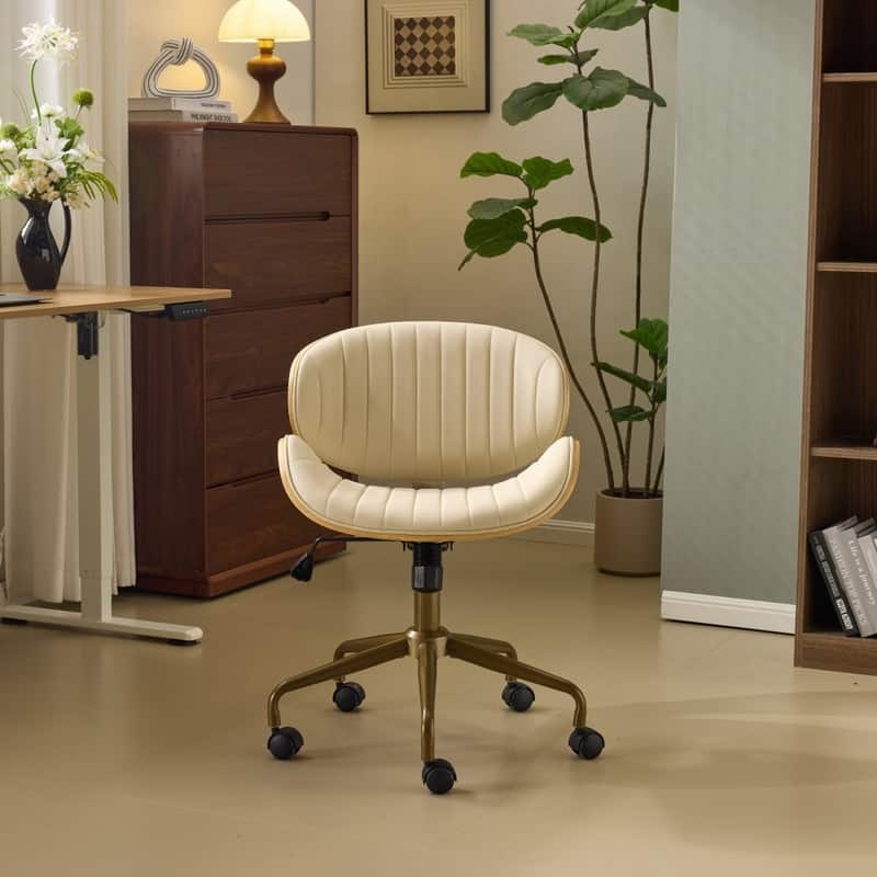 PU Curved Office Chair With Antique Bronze Base - Khaki