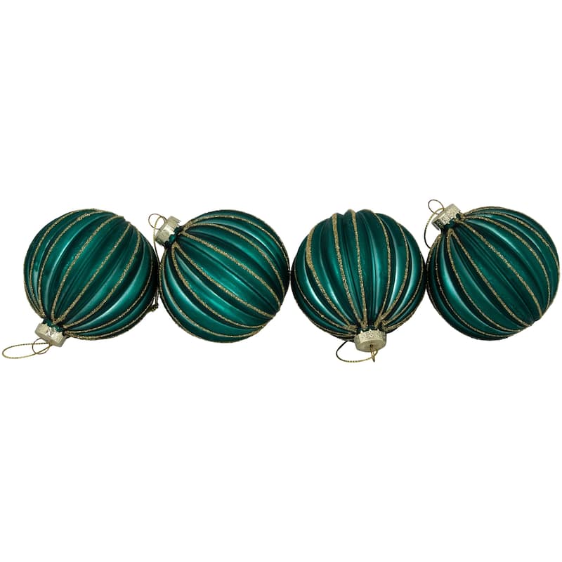 Glitter Ribbed Lined Glass Christmas Ball Ornaments - 3" (80mm) - Green and Gold - 4ct