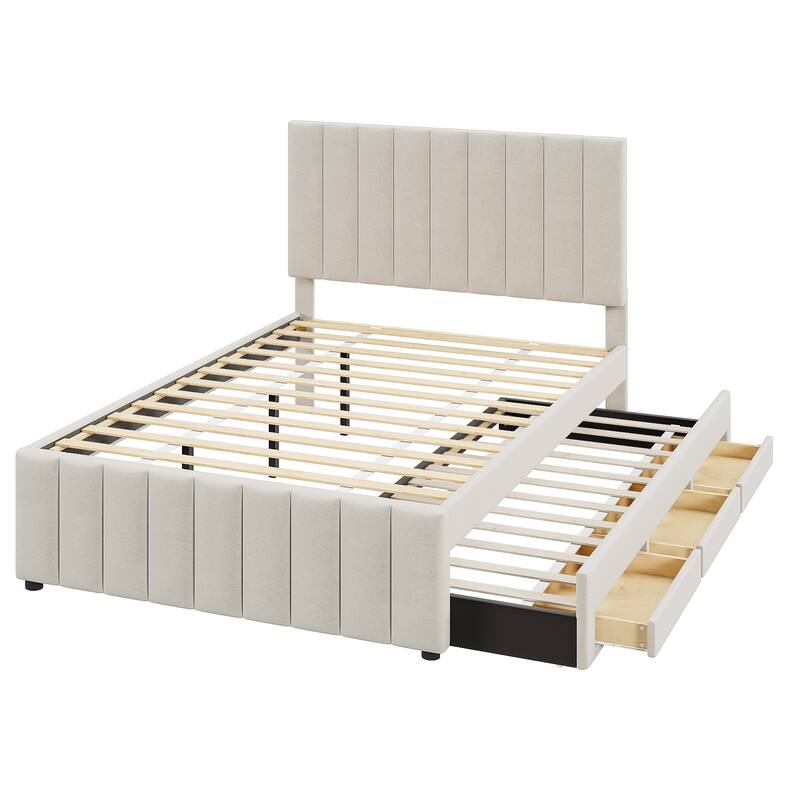 Full Size Upholstered Platform Bed with Trundle And 3 Storage Drawers