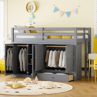 Gray Twin Size Solid Wood Loft Bed with Drawer and Wardrobes