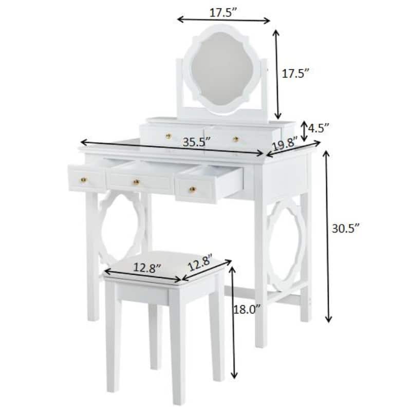 White Makeup Vanity Set with Four-Leaf Reversible Mirror, Drawers & Padded Stool, Space-Saving Dressing Table