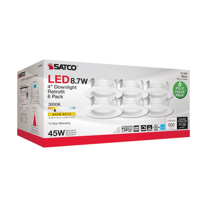 8.7 Watt LED Downlight Retrofit 4 inch 90 CRI 3000K 120 Volt Pack of 6