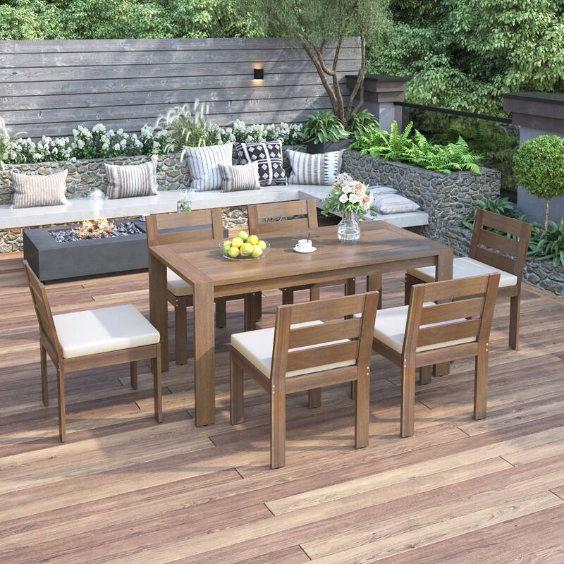 7-Piece Acacia Wood Dining Set, Outdoor Table and 6 Chairs for Patio, Balcony, Backyard Entertainment