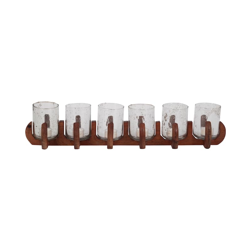 Sagebrook Home Neutral 24-Inch Brown/Clear Glass Votive Candle Holders With Mango Wood Base, Tealight Holder Set - 24" x 5" x 5"