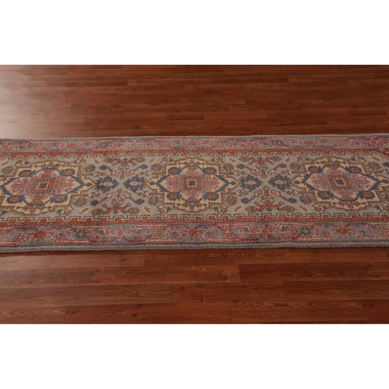 Hand Knotted Oriental 100% Wool Carpet Traditional Geometric Greys & Charcoal Heriz (serapi) Runner Rug - 8' 2'' X 2' 7''