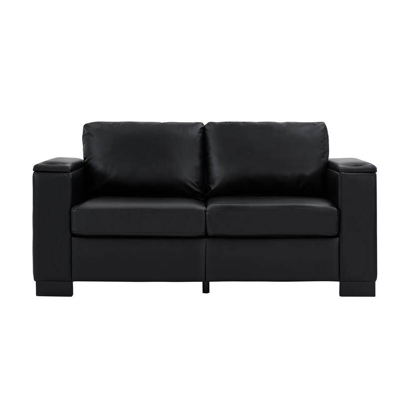 67.7" Modern Style Loveseat Faux Leather Couch,Square Arm Sofa With Cup Holder,Storage Sofa,Upholstered PU Leather