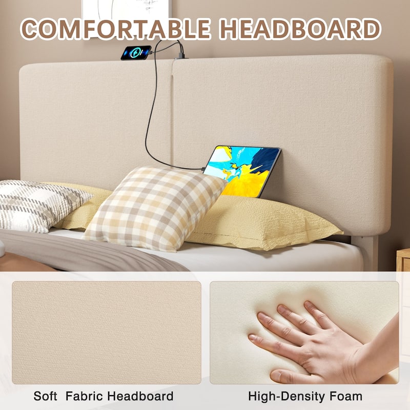 VECELO Adjustable Upholstered Split Headboard Bed Frame with Charging Station USB Port Type C No Box Spring Needed Noiseless Bed