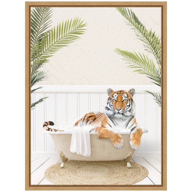 Kate and Laurel Sylvie Tiger in Palm Bath Framed Canvas by Amy Peterson