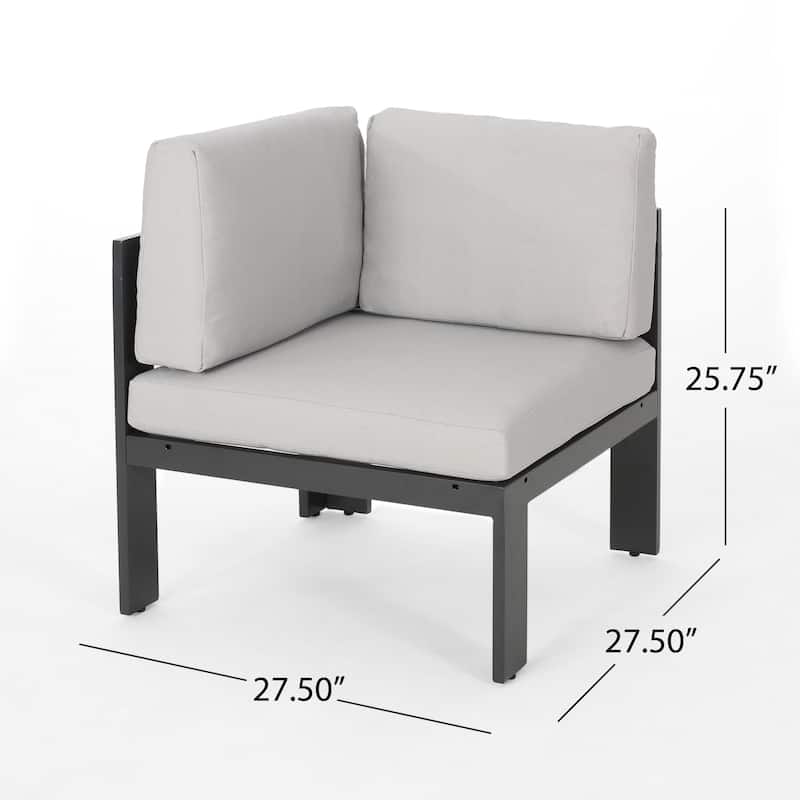 Roomfitters Outdoor Corner Sofa Chair with Cushions and Slatted Coffee Table, Gray with White Cushions