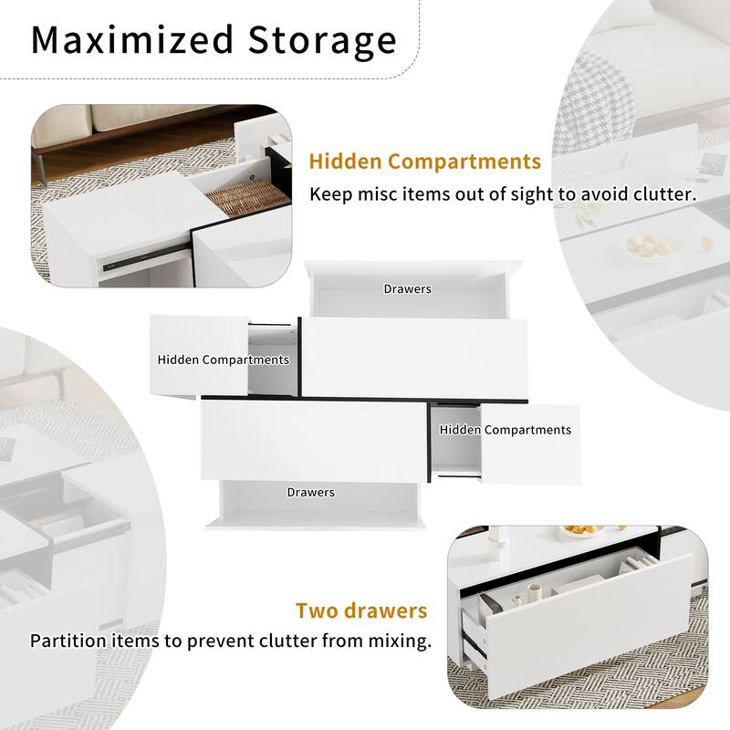 Extendable Rectangle Coffee Table, Tea Table for Living Room, Modern High-Gloss Center Table with Hidden Storage and 2 Drawers