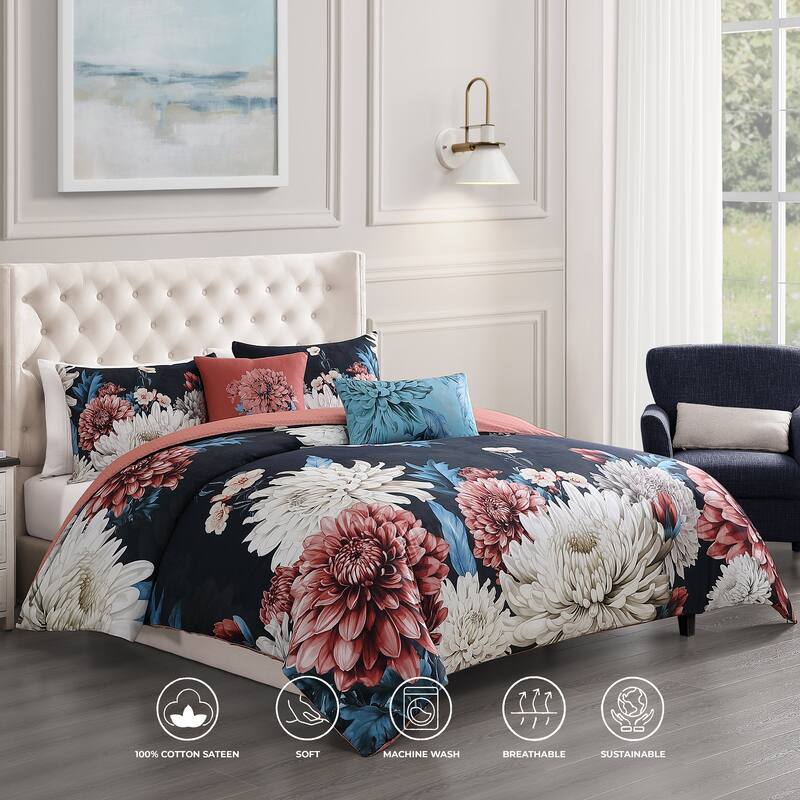 Bebejan Navy Mums 100% Cotton Sateen 5 Piece Reversible Comforter Set