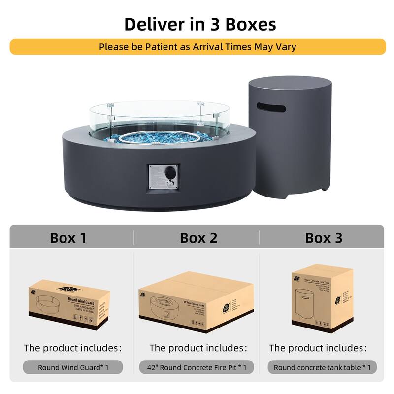 Patio Watcher 42in. Outdoor Round Magnesium Oxide Fire Pit Table with Gas Tank Cover and Wind Guard