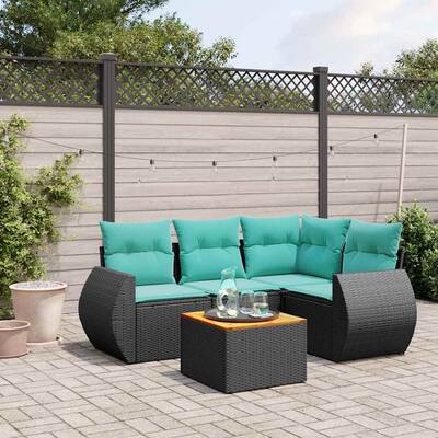 vidaXL 5 Piece Patio Sofa Set with Cushions Black Poly Rattan - 24.4x 24.4x 27.2