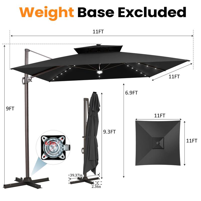 VredHom Solar LED Light 11FT Square Outdoor Cantilever Patio Umbrella without Base