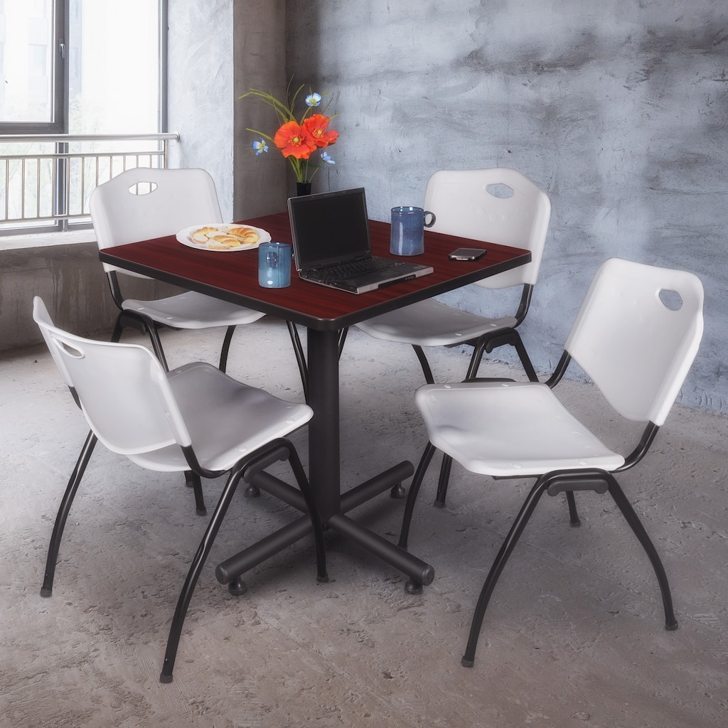 30" Square Breakroom Table- Mahogany & 4 'M' Stack Chairs- Grey - Grey, Mahogany - 30