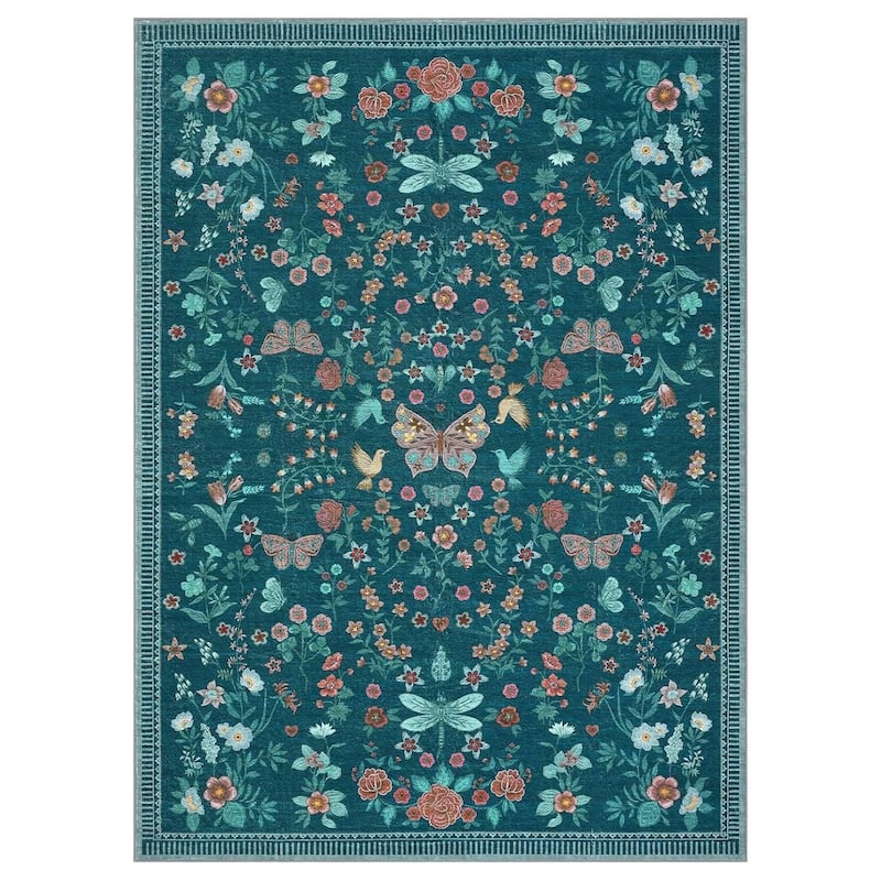 Modern Floral Machine Washable Indoor Waterproof Area Rug for Bedroom, Living Room, Dark Green - 2' x 3'
