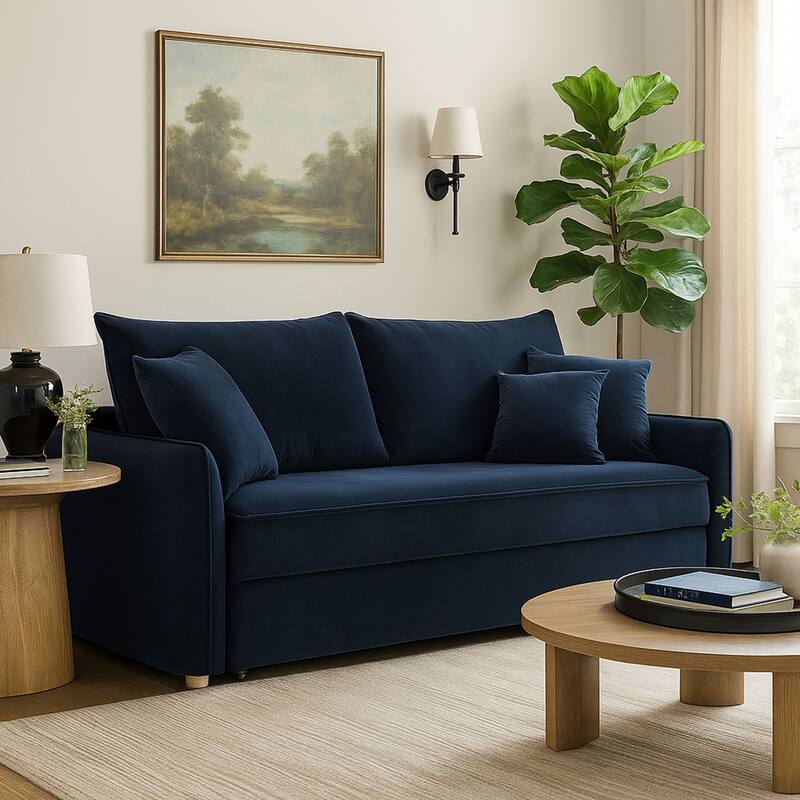 Leif Sleeper Sofa, Full Fold Out Bed, 3 Pillows, Blue Velvet 88 Inch