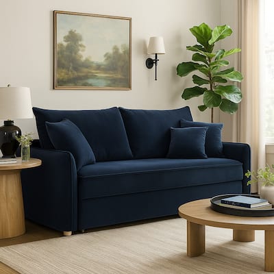 Leif Sleeper Sofa, Full Fold Out Bed, 3 Pillows, Blue Velvet 88 Inch