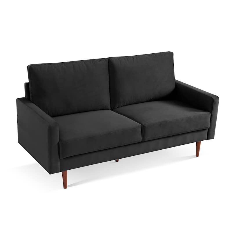 HomeRoots 69" Black Velvet Sofa With Dark Brown Legs - 69