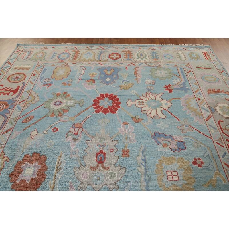 Light Blue Oushak Style Area Rug Handmade Wool Carpet - 9'0" x 11'9"