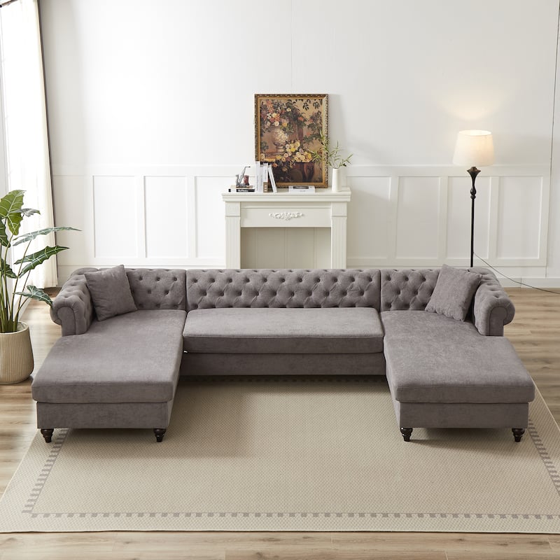 Chenille U-Shaped 5-Seater Sofa with Pull Point Design and Wooden Legs