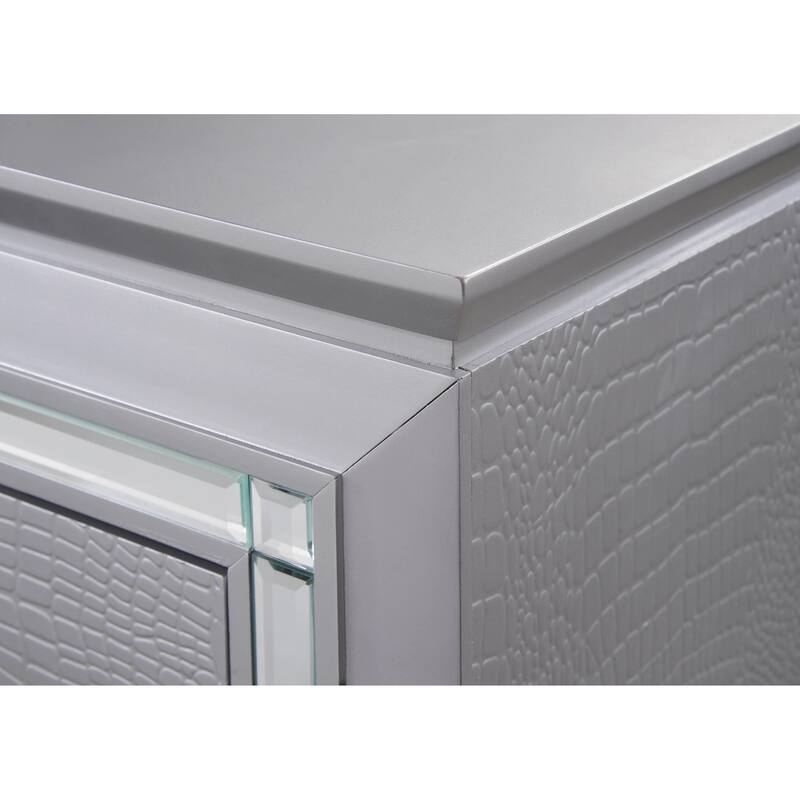 Modern Glam 1pc Solid Wood Nightstand w/ Built-in Light & Silver Crocodile Finish for Bedroom - Silver