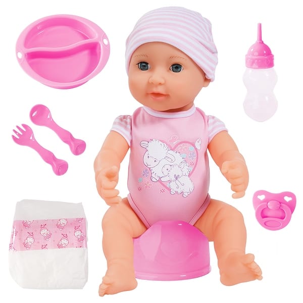 slide 2 of 5, Bayer: Piccolina Newborn Baby Doll - 16" Pink Sheep - Potty Training Functions, Includes Feeding Accessories, Open/Closes Eyes