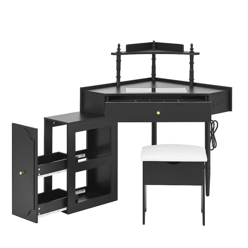 3 Drawer Vanity Desk with Glass Top Charging Station and Cushioned Stool - Black