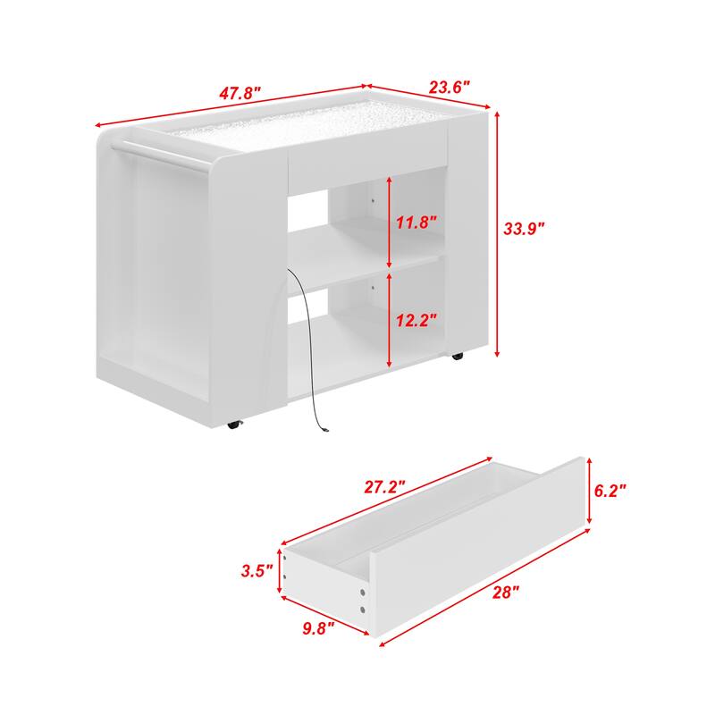 LED Kitchen Island with Tempered Glass Top, Rolling Storage Cabinet with 3-Color Lighting